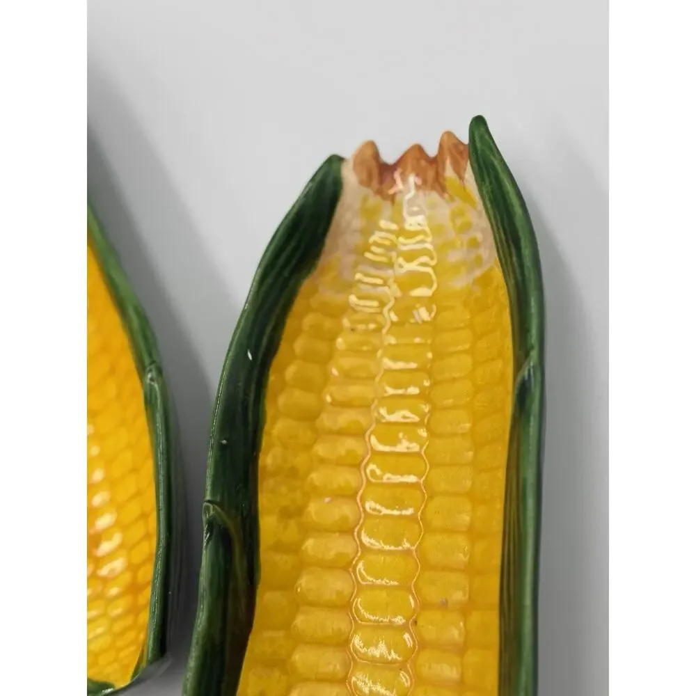 Lot of 4 Vintage 60s Yellow + Green Ceramic Corn Cob Serving Dishes Serveware